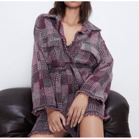 Zara Jackets & Blazers - Zara Pink Metallic Tweed Plaid Fringe Belted Shirt Jacket Size M NWT